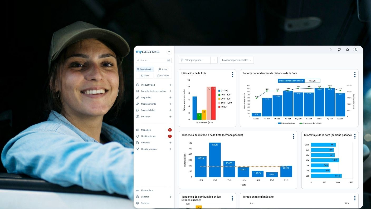 Panel de control de MyGeotab mostrando reportes de utilización de la flota y tendencias de kilometraje.
