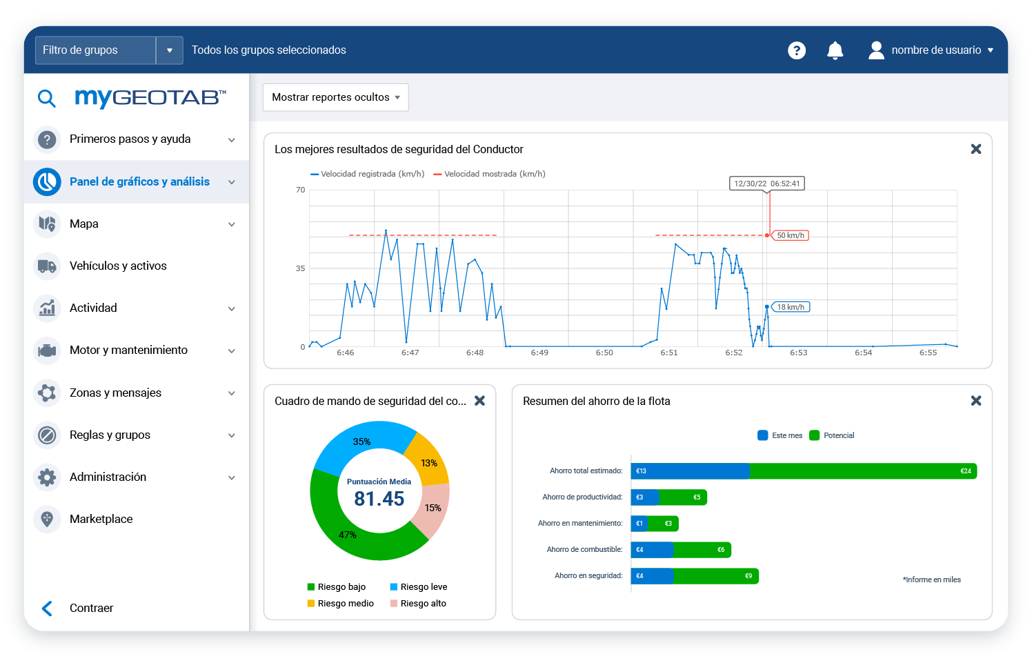 Speed profile report in MyGeotab UI on white laptop