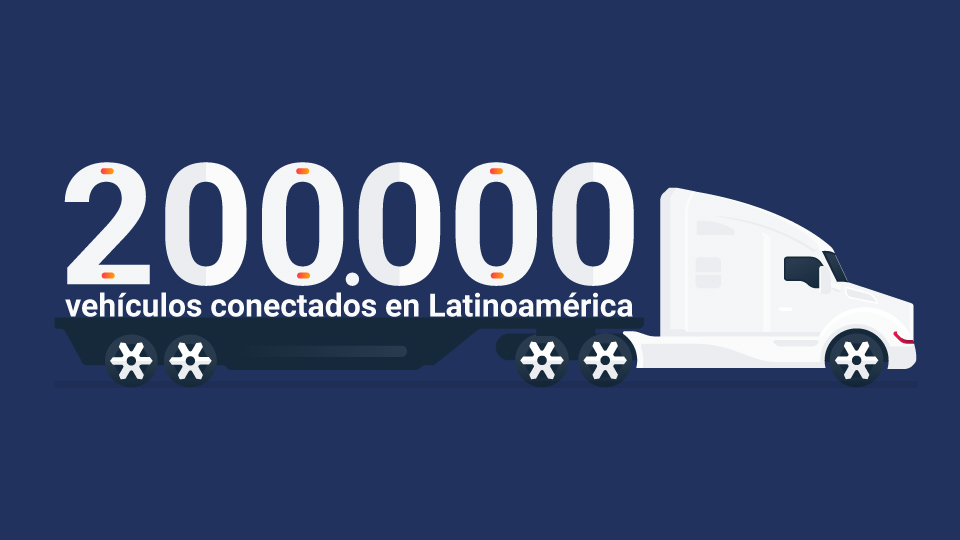 Imágen de un camión pesado blanco con la cifra de 200 mil vehículos conectados en Latinoamérica.