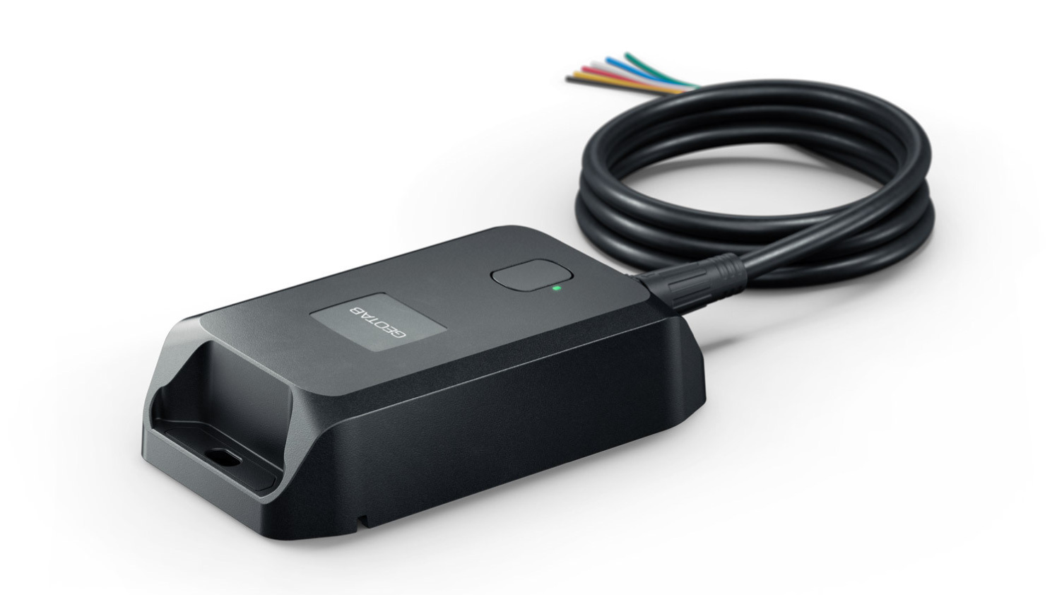 GO Anywhere Plus visto en ángulo con el indicador LED encendido