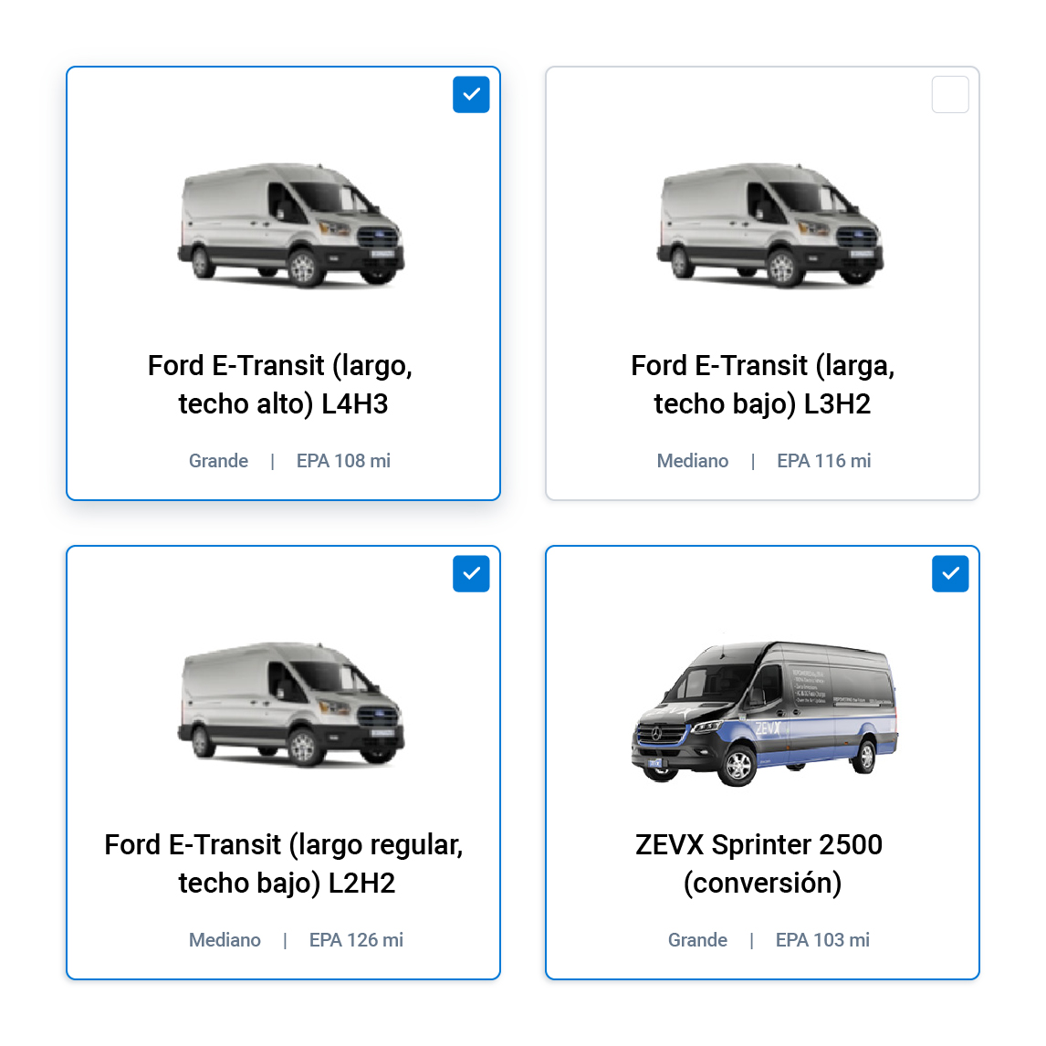 IU de selección de vehículos con 4 vehículos a elegir