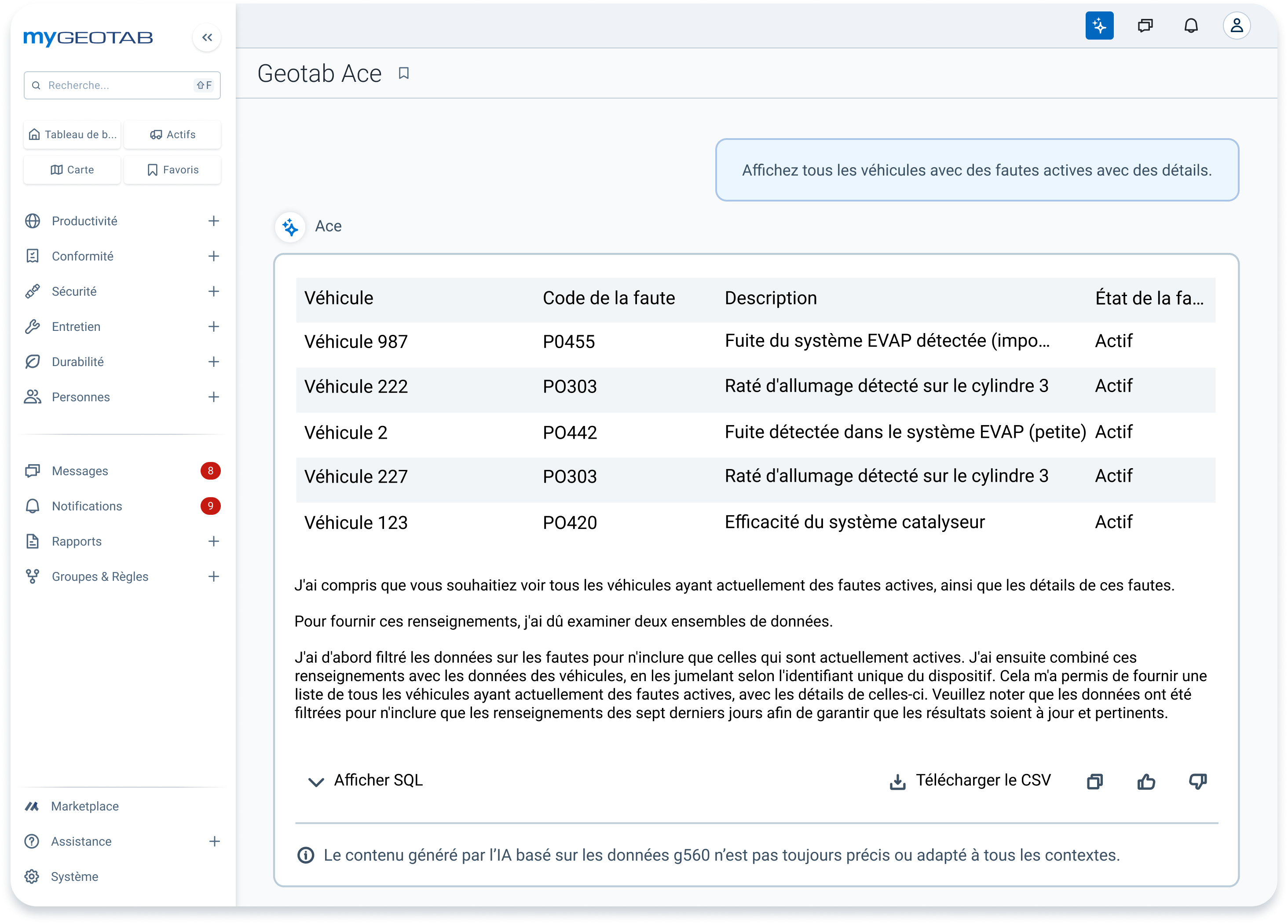 Geotab Ace est votre assistant IA intégré directement dans MyGeotab
