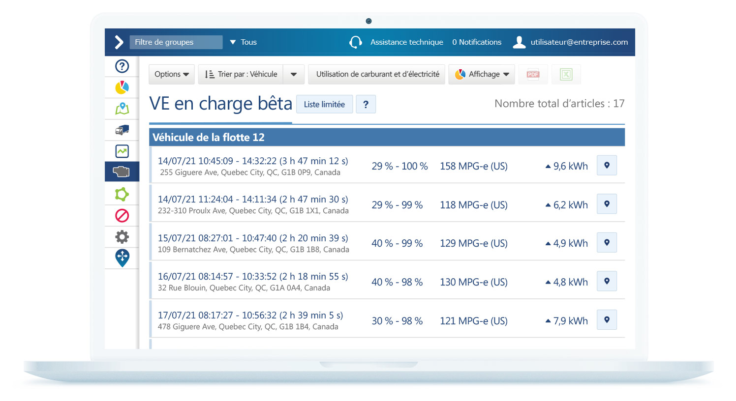 Rapport de charge EV dans MyGeotab Rapport de charge EV sur l'interface MyGeotab