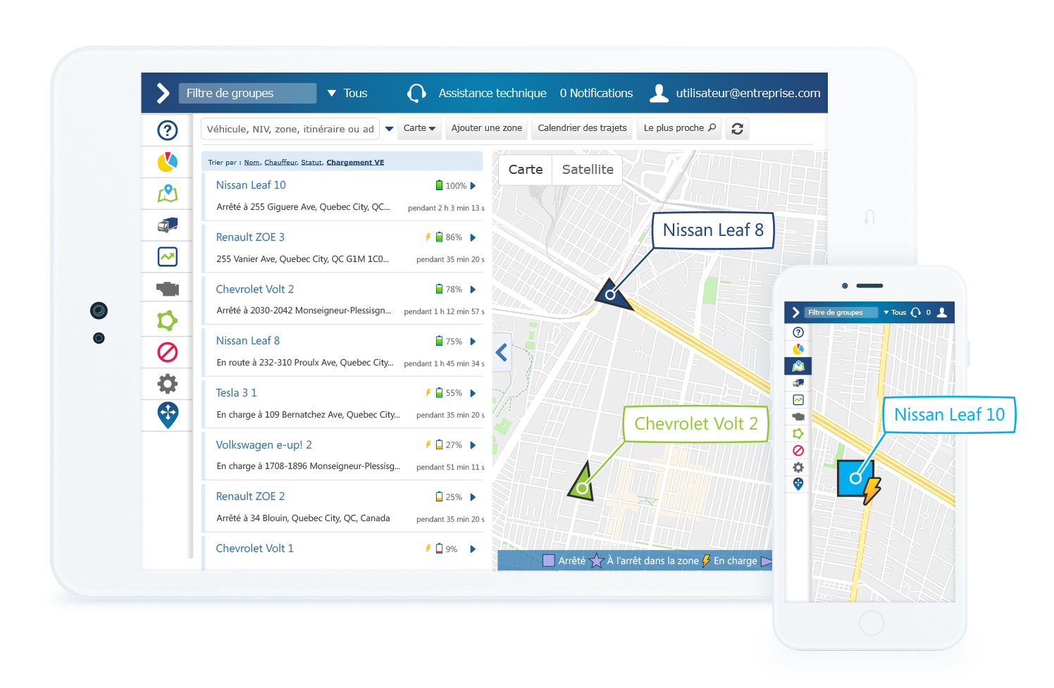 Fonctionnalité de carte EV dans MyGeotab Les véhicules électriques affichés sur une carte dans l'interface MyGeotab sur tablette blanche et téléphone mobile