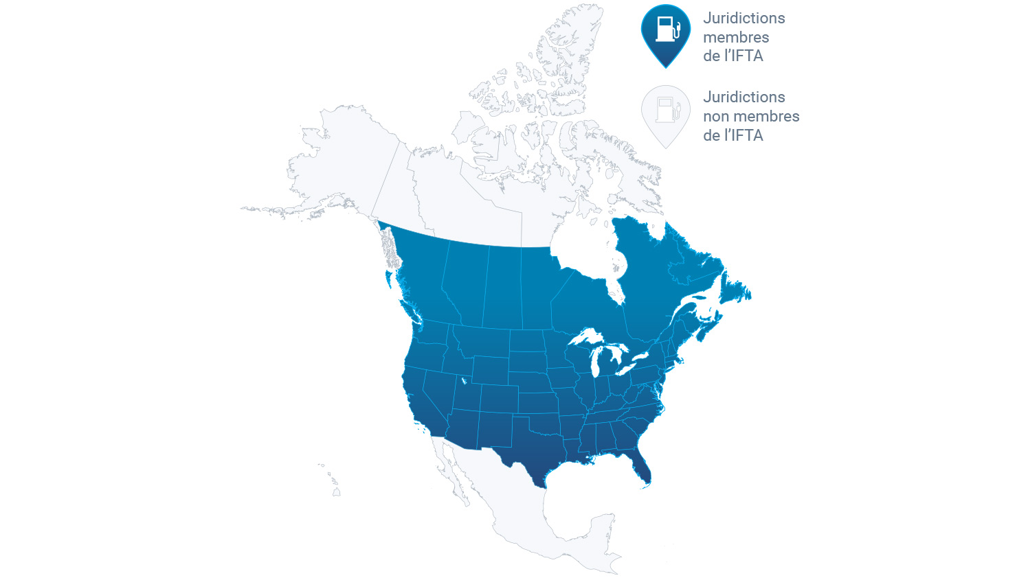 Carte de l’Amérique du Nord indiquant la juridiction de l’IFTA en bleu foncé