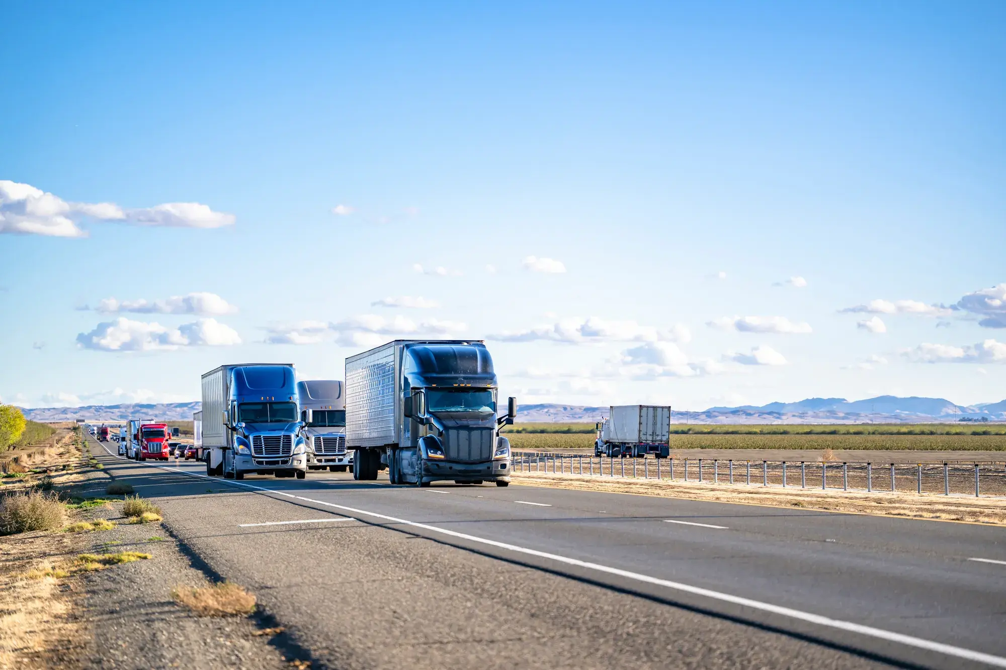 Flotte de camions sur l’autoroute, alliant performance et efficacité.