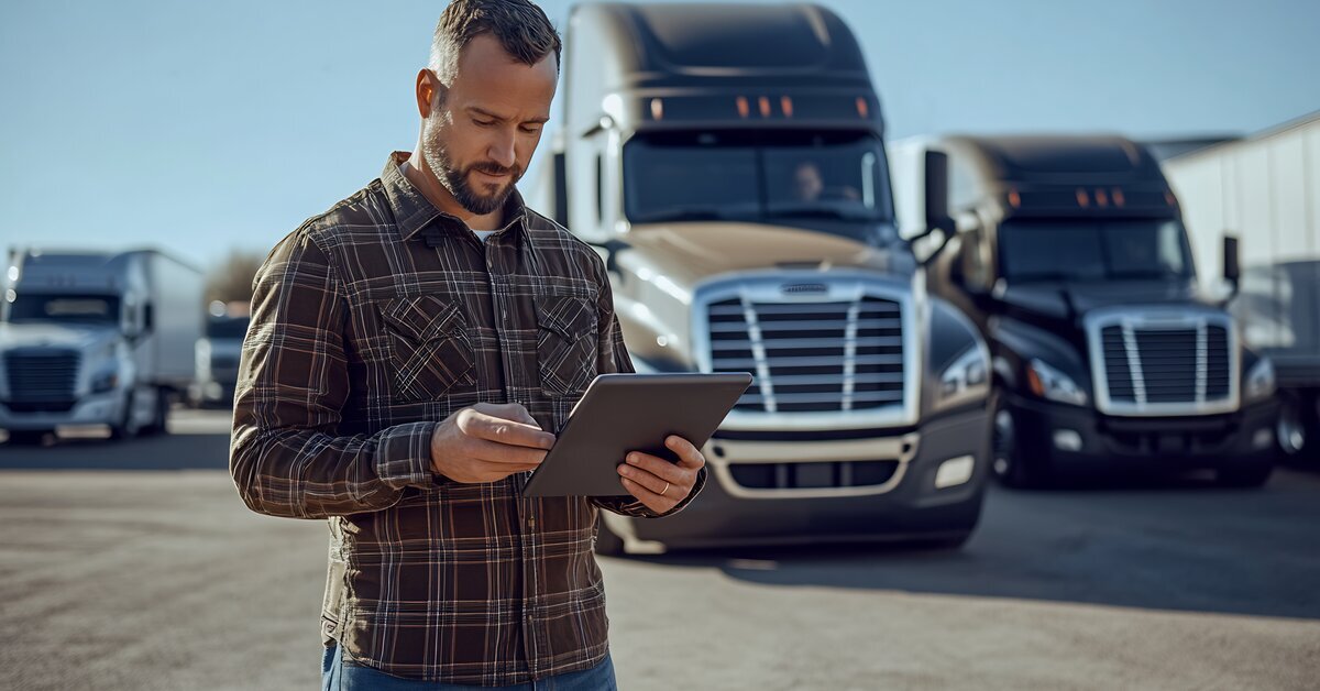 Homme tenant une tablette, debout devant des véhicules poids lourds.