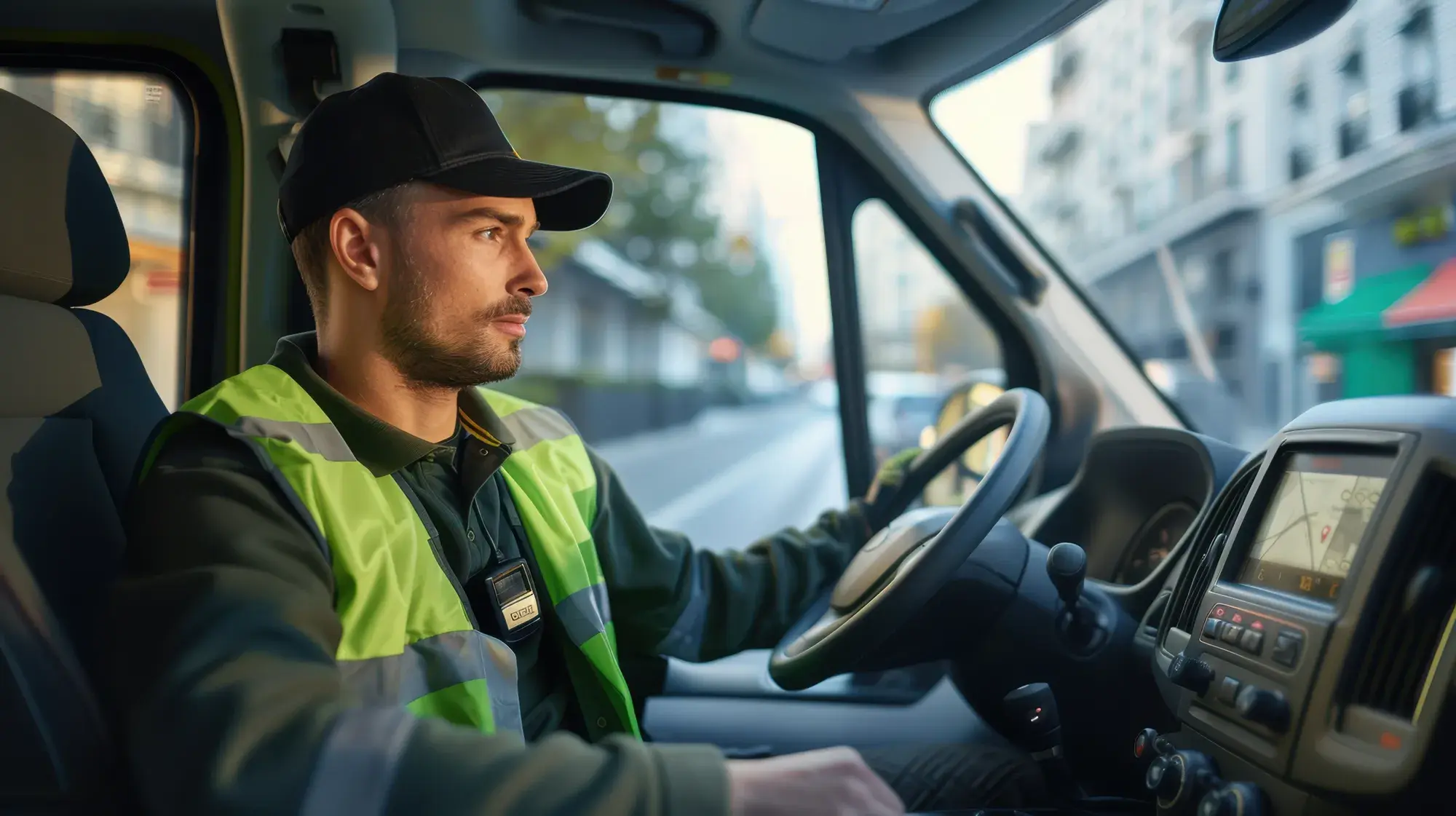 Conducteur dans la cabine d'un véhicule, regardant droit devant.