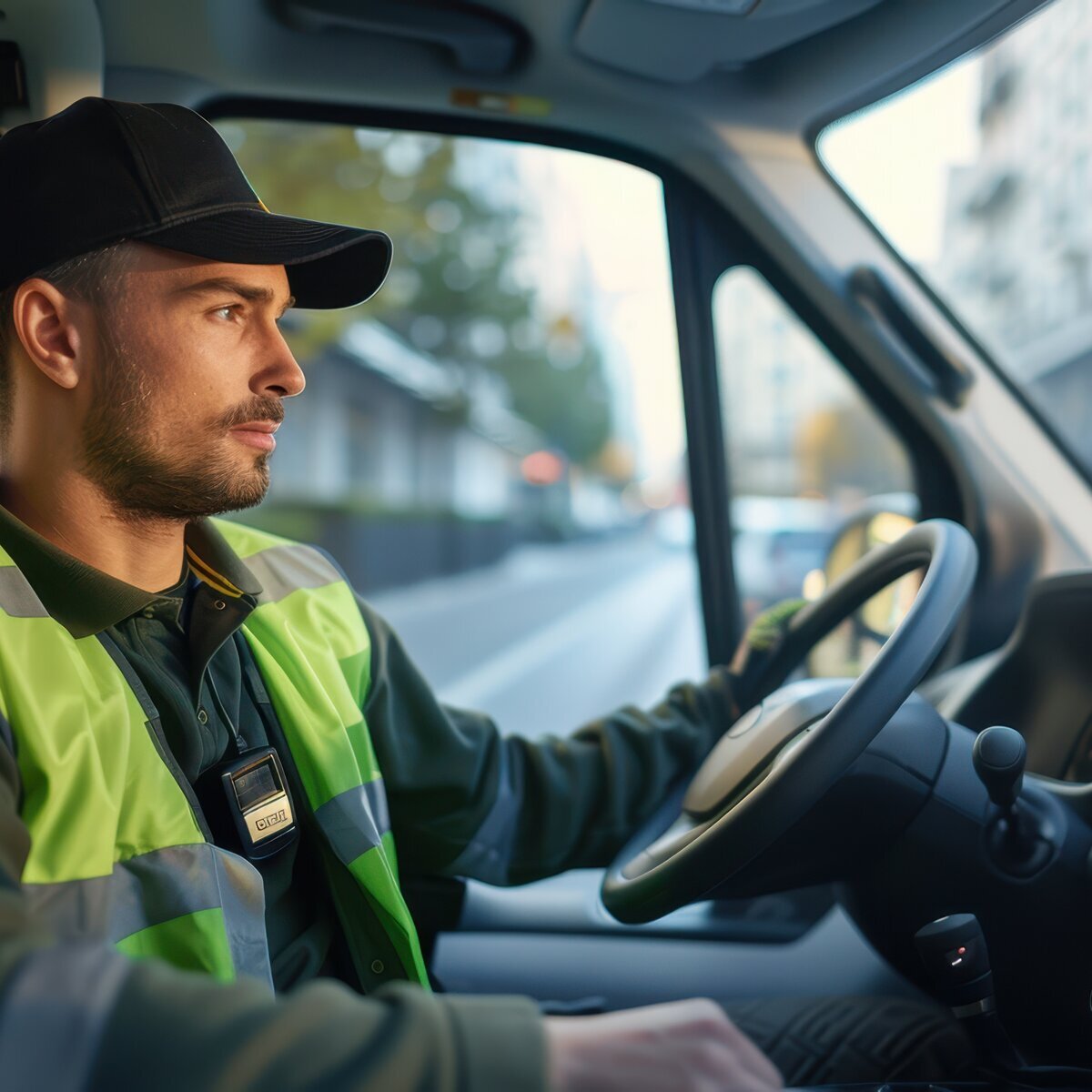 Conducteur dans la cabine d'un véhicule, regardant droit devant.