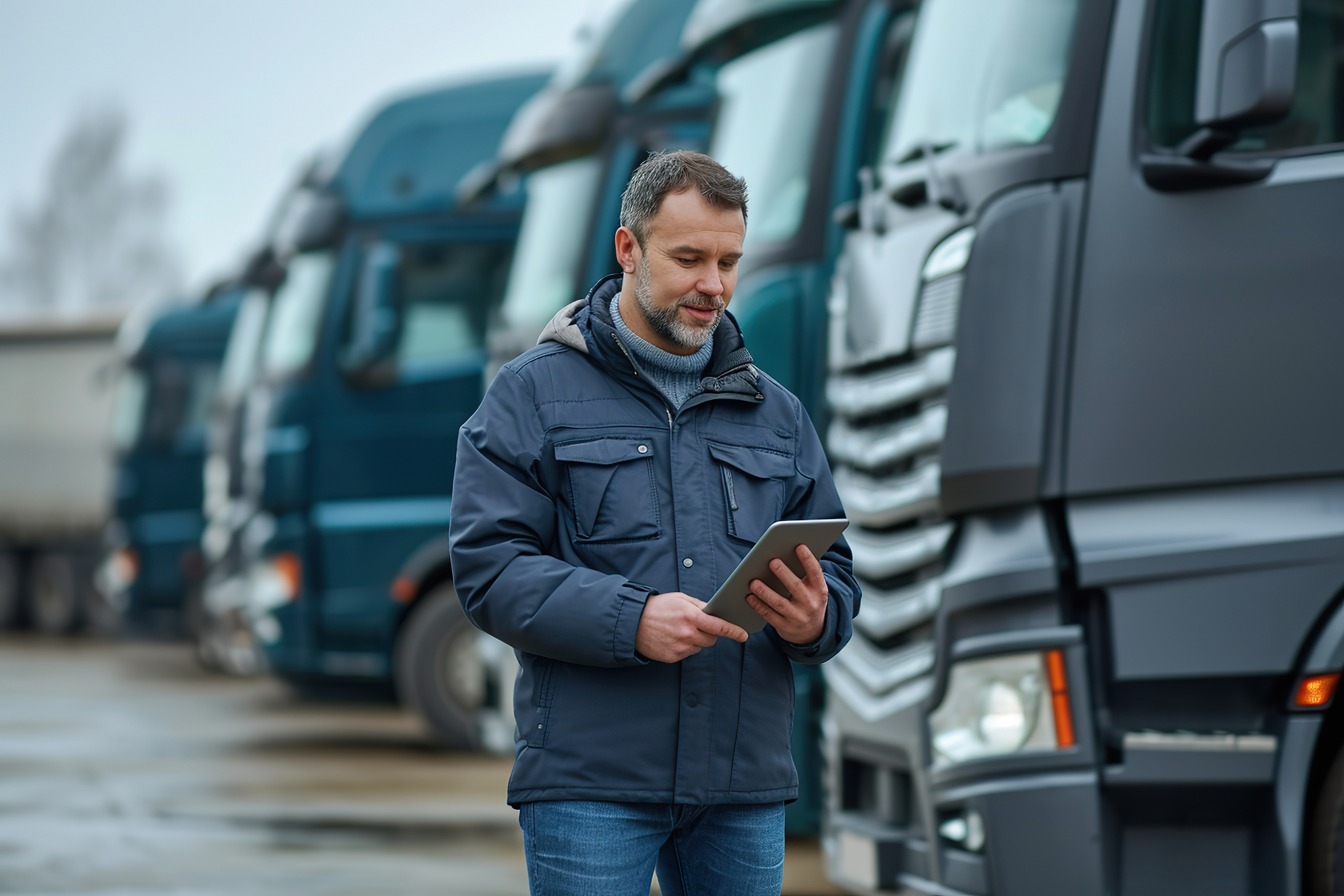 Homme debout devant une rangée de camions de transport, vêtu d'une veste et d'un pull, utilisant une tablette.