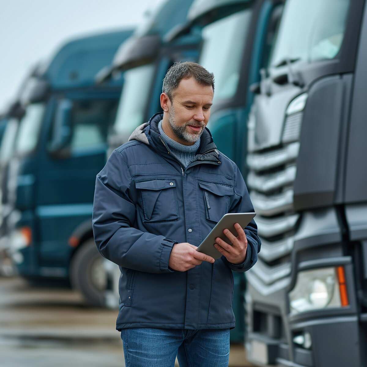 Homme debout devant une rangée de camions de transport, vêtu d'une veste et d'un pull, utilisant une tablette.