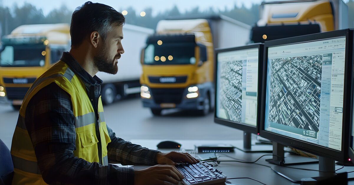 un homme devant des camions, portant un gilet jaune qui regarde l'écran de deux ordinateurs.
