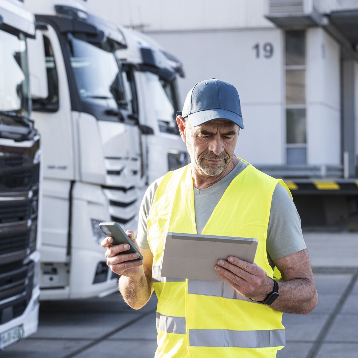 Conducteur portant un gilet jaune et une casquette qui regarde une tablette et tient un portable, devant des camions blancs.