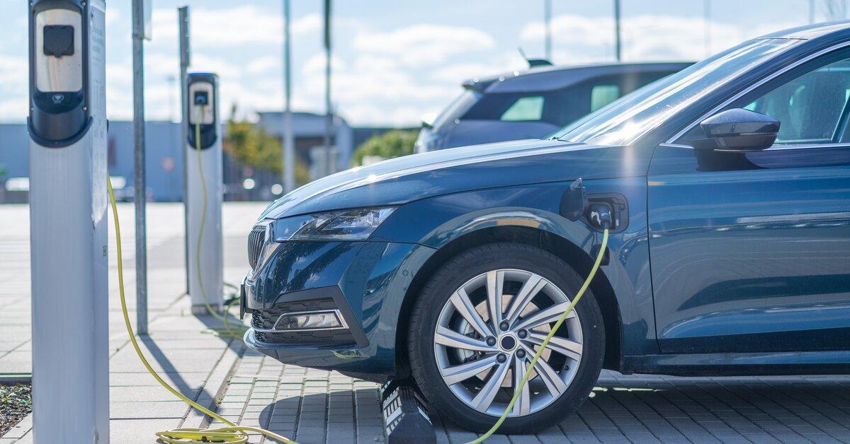 Voiture électrique branchée à une borne de recharge, illustrant l’électrification d’une flotte automobile professionnelle.