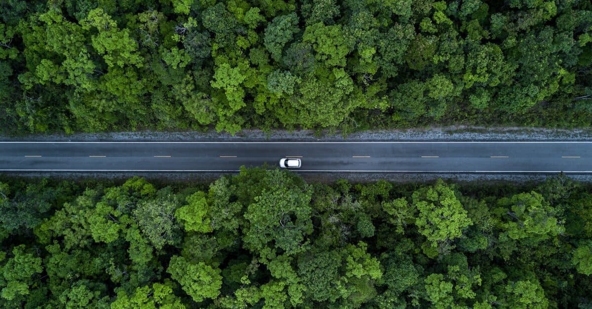 Vue aérienne d'un véhicule circulant sur une route traversant une forêt, illustrant l'électrification des flottes face aux exigences des ZFE