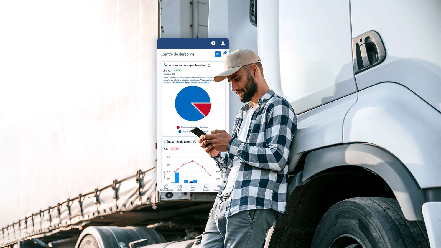 person using mygeotab on cellphone standing next to a truck