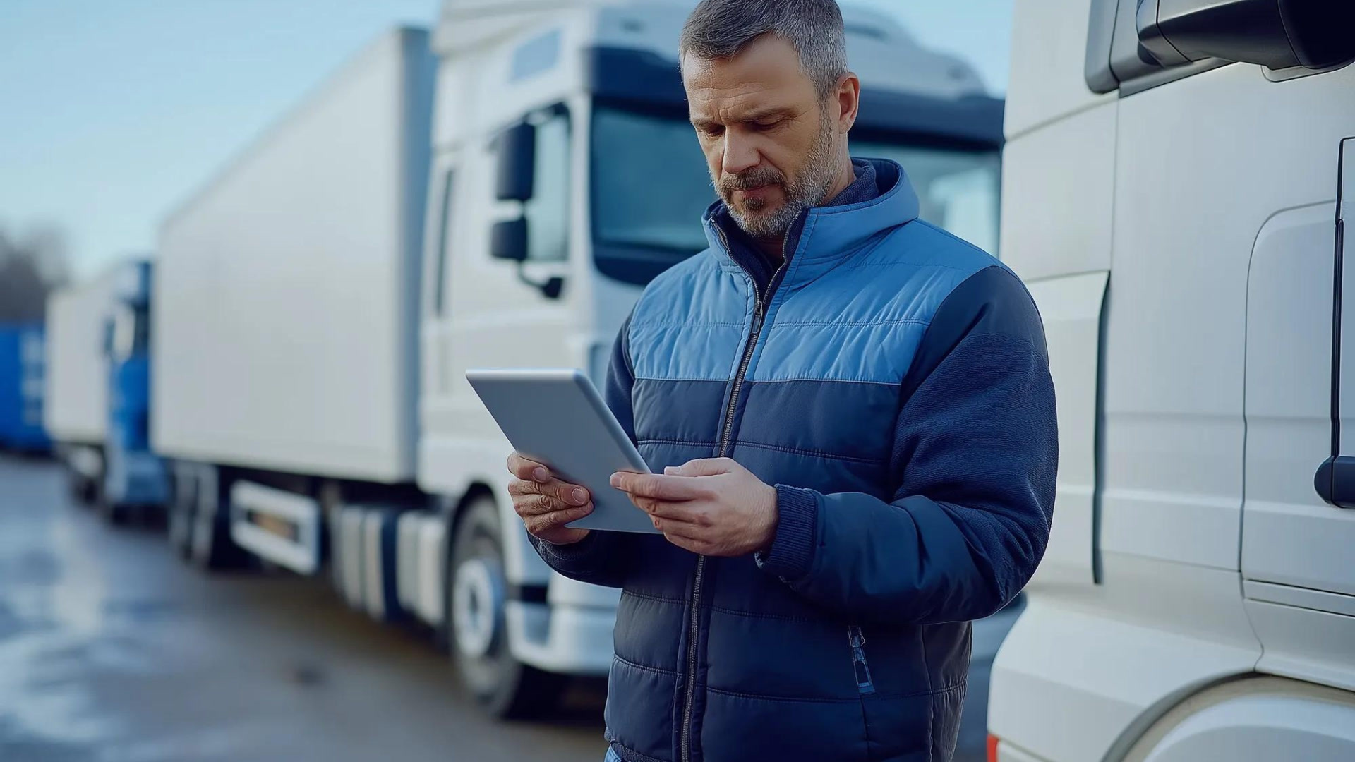 A male truck driver in a blue jacket checks a tablet while standing between parked commercial vehicles at a logistics depot