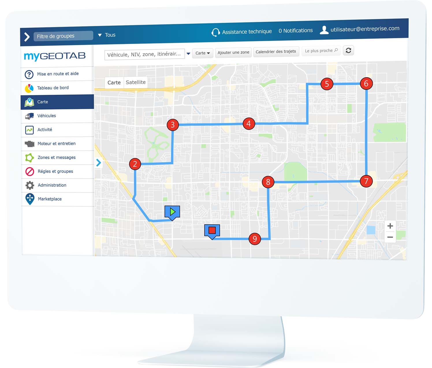 Itinéraires et points de cheminement planifiés affichés sur l’IU MyGeotab