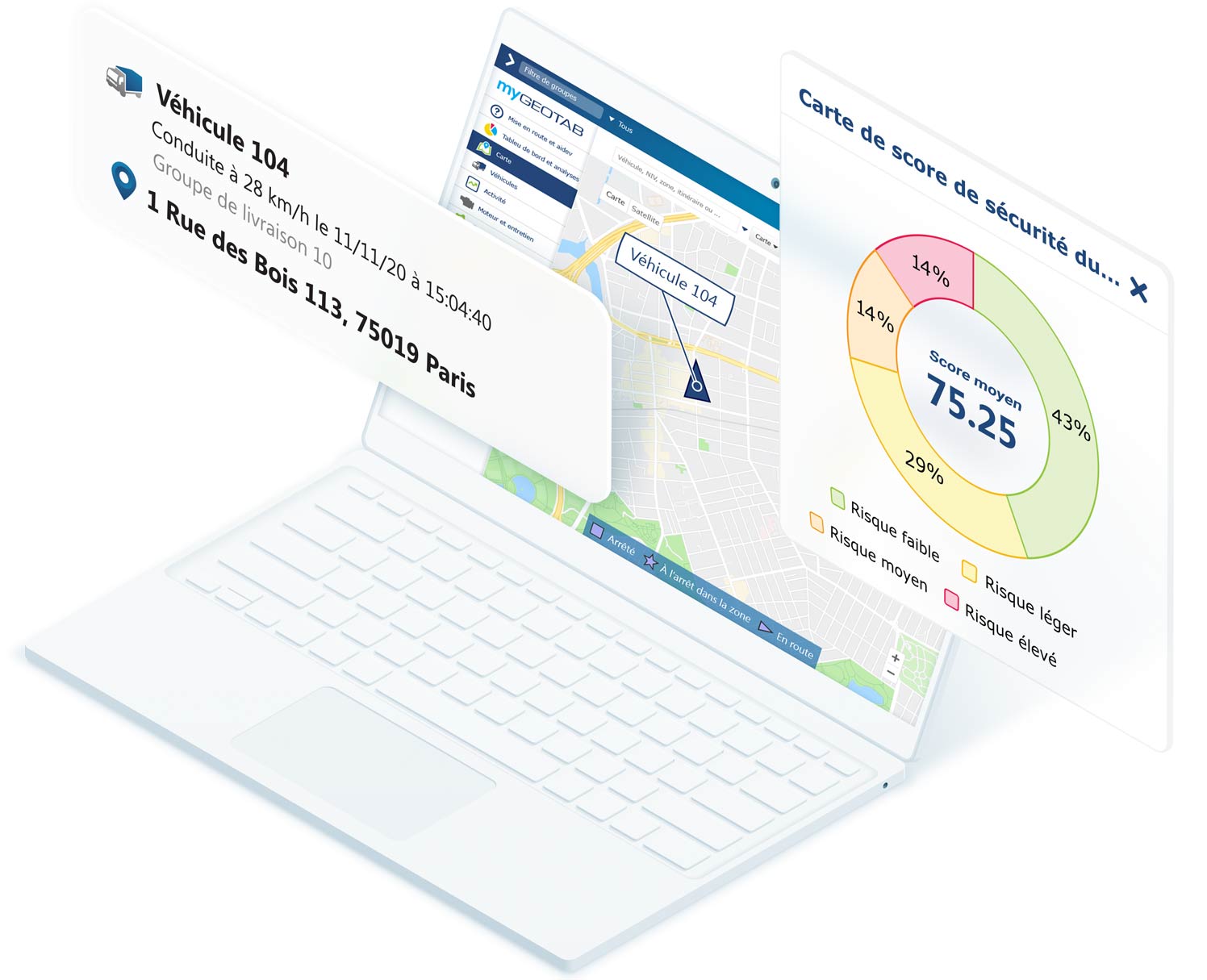 Ordinateur portable blanc affichant la carte MyGeotab avec les données du véhicule et la carte de score de sécurité du conducteur superposée à l’écran