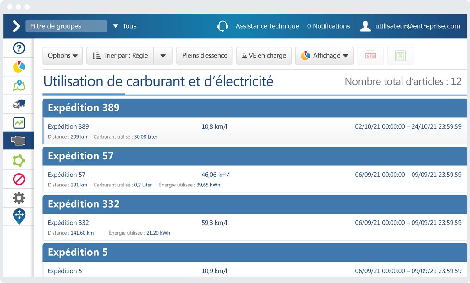 Rapport sur la consommation d'énergie du carburant et des véhicules électriques dans MyGeotab Rapport sur la consommation d'énergie du carburant et des véhicules électriques sur l'interface MyGeotab