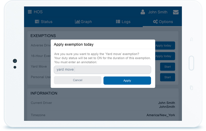 Apply exemption feature in MyGeotab Exemption window on MyGeotab interface
