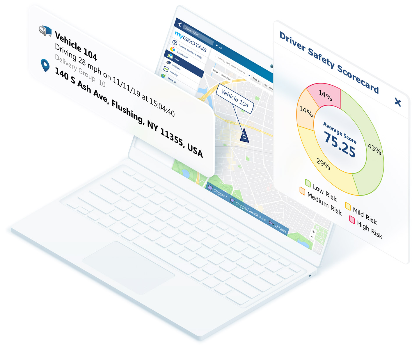 White laptop displaying MyGeotab map with vehicle data and driver safety scorecard overlaying the screen.