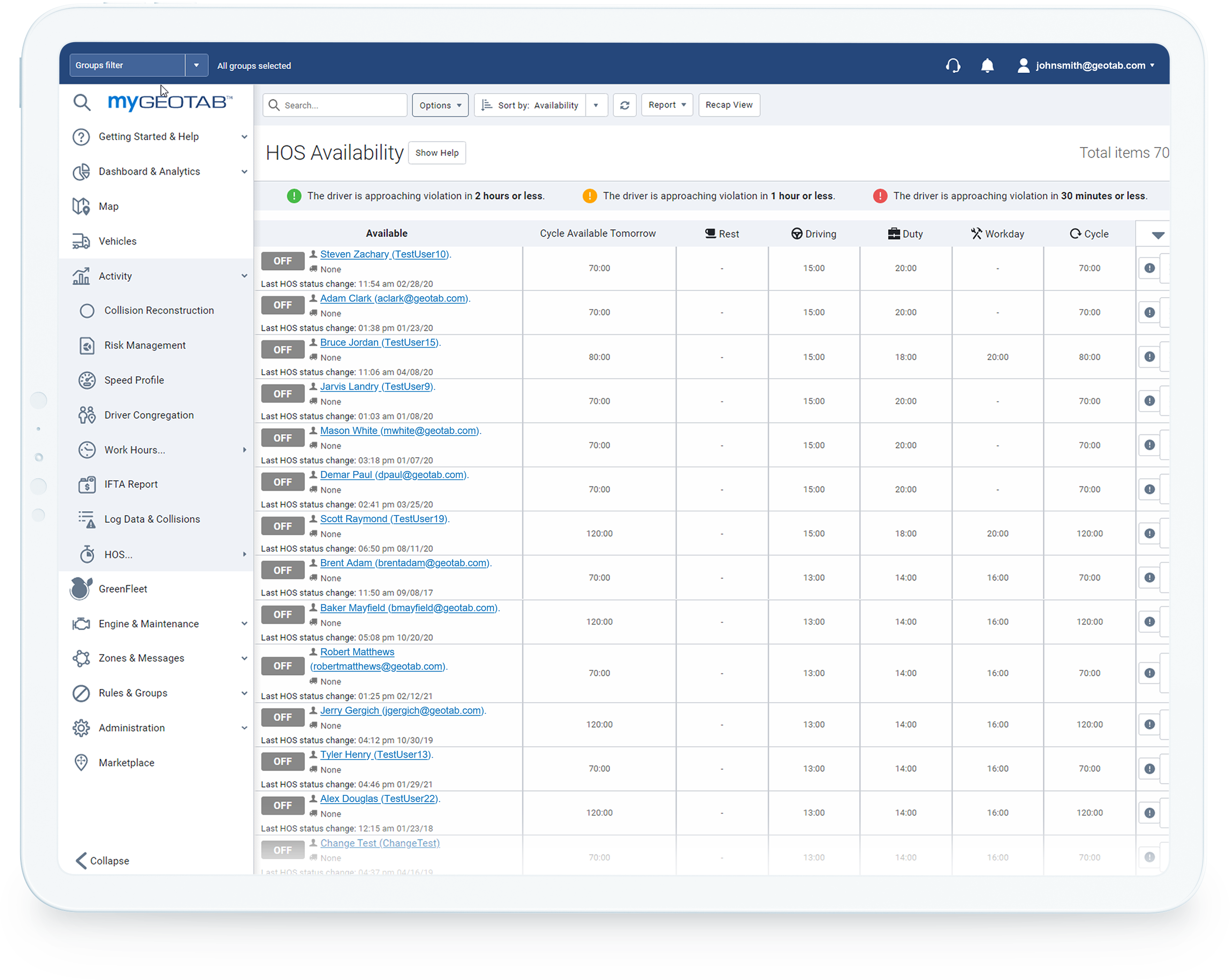 HOS Availability section on MyGeotab