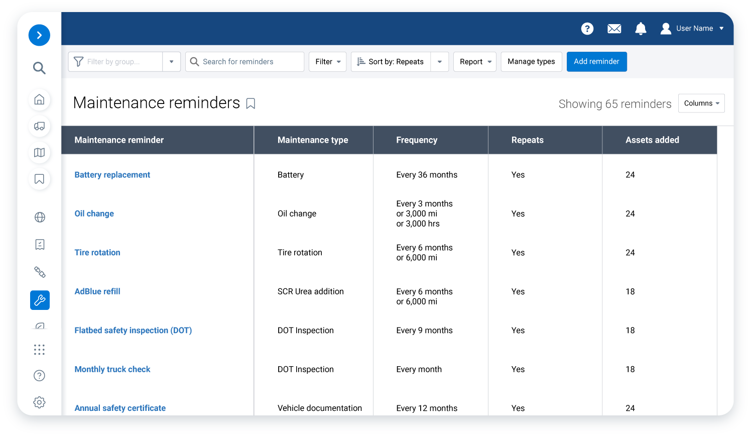 MyGeotab maintenance reminder rules displayed on a white laptop with a callout magnifying some content