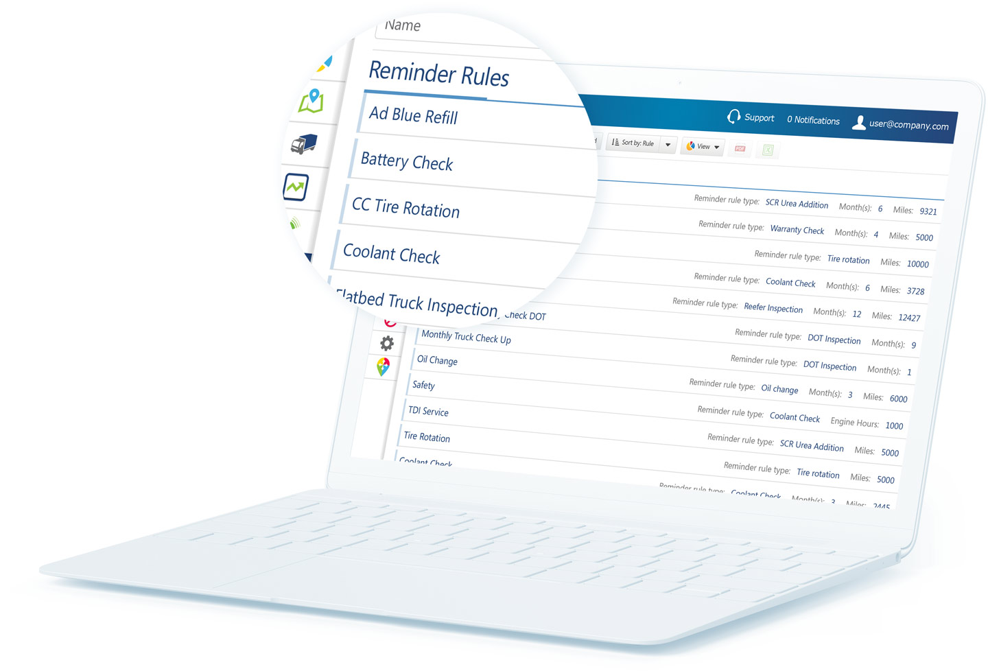 MyGeotab maintenance reminder rules displayed on a white laptop with a callout magnifying some content