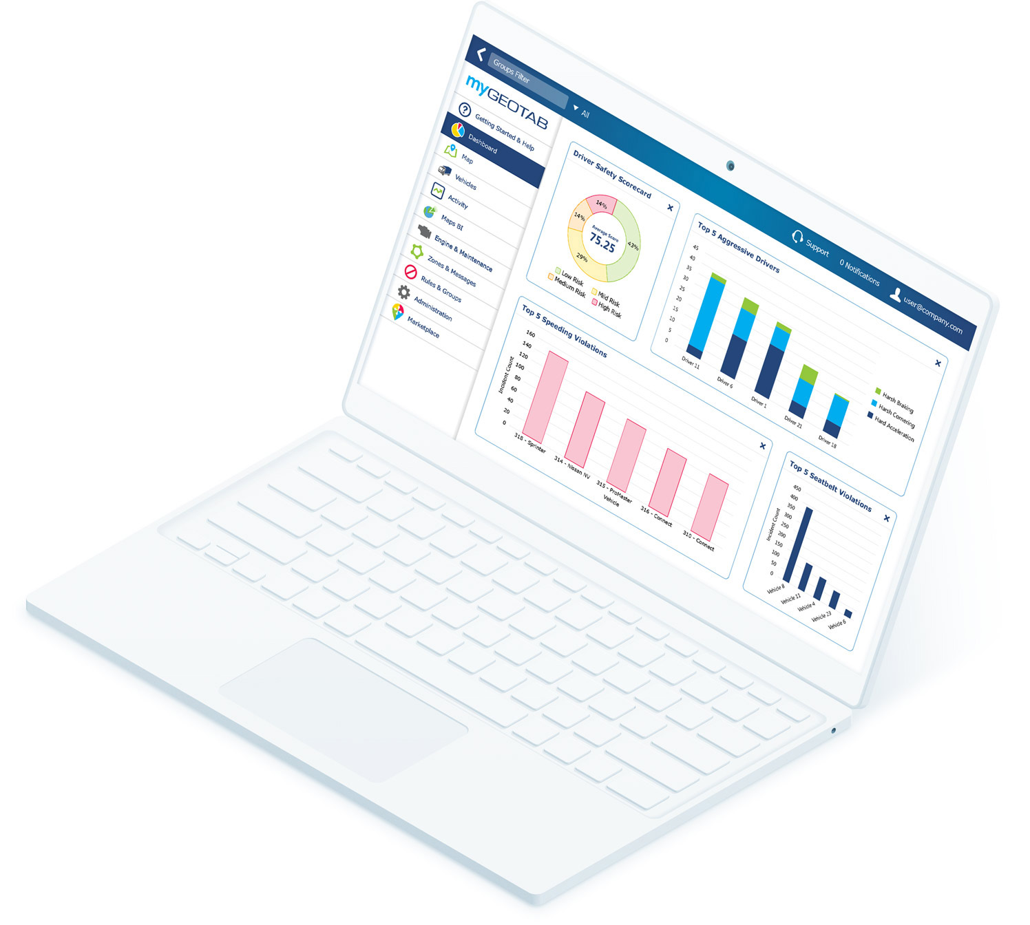 MyGeotab dashboard on white laptop