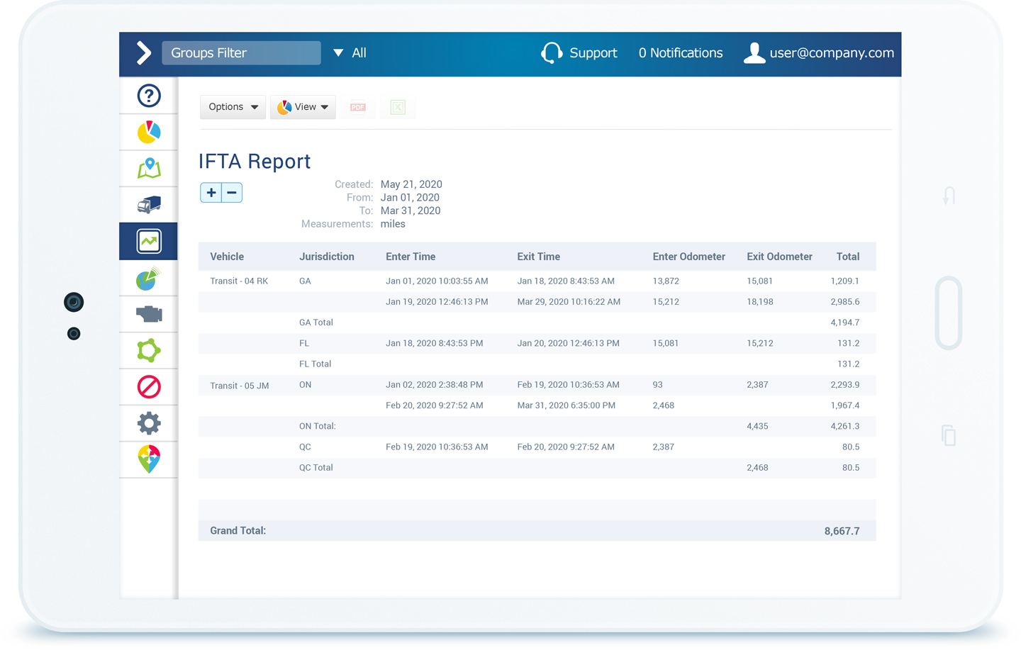IFTA report in MyGeotab IFTA report in MyGeotab displayed on a white tablet