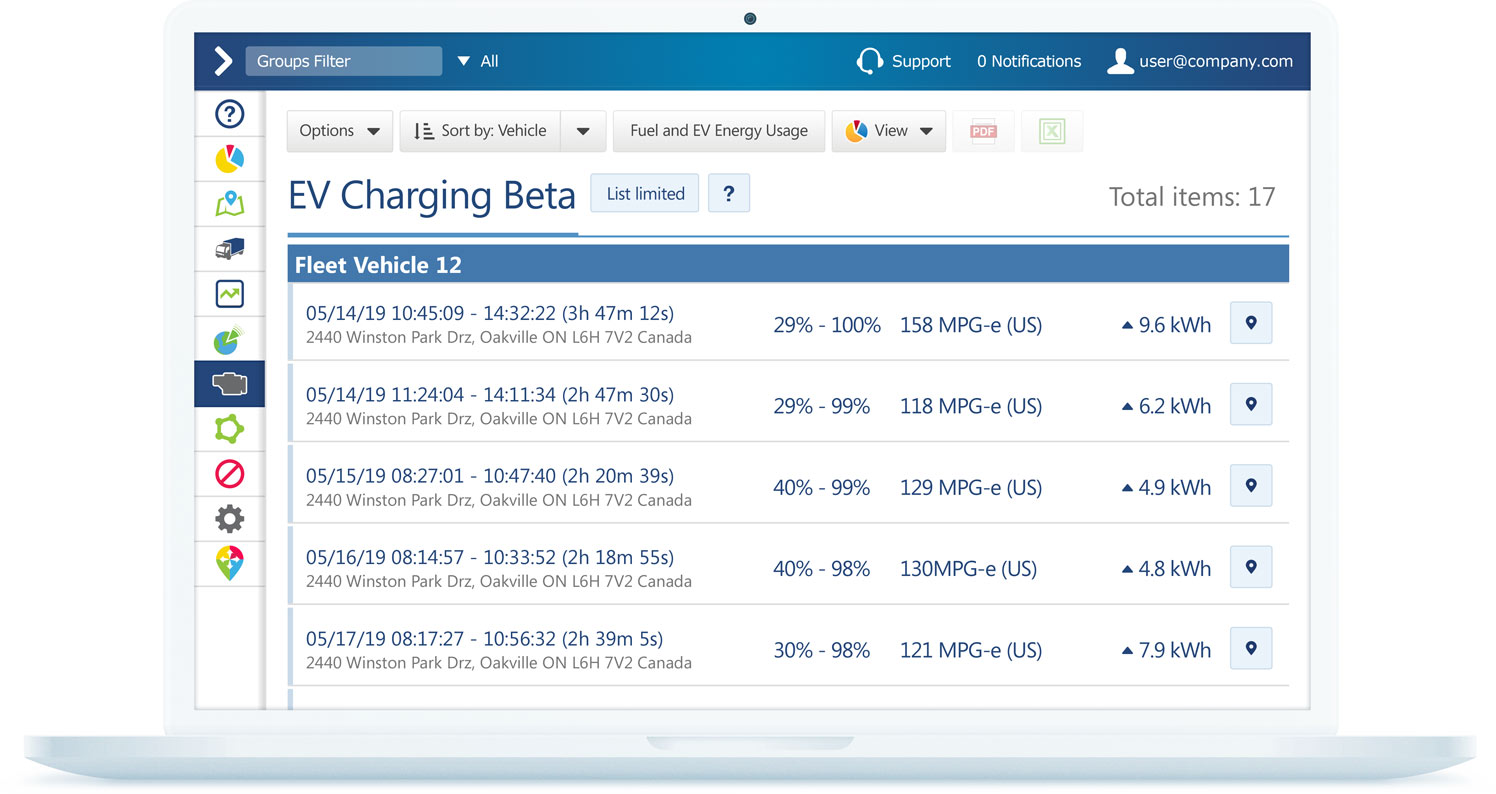 EV charging report in MyGeotab EV charging report on MyGeotab interface