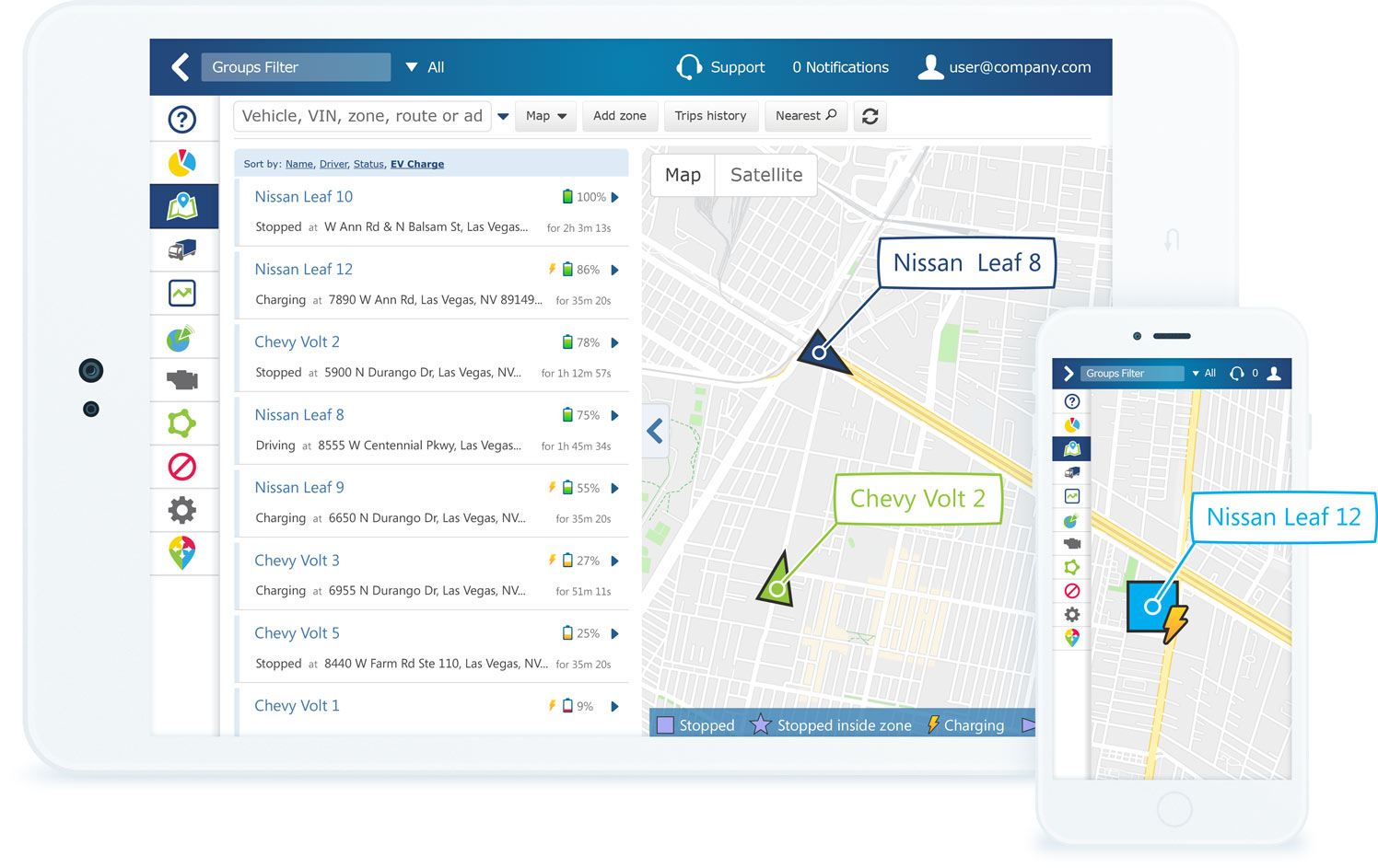 EV map functionality in MyGeotab EVs shown on a map in MyGeotab interface on white tablet and mobile phone