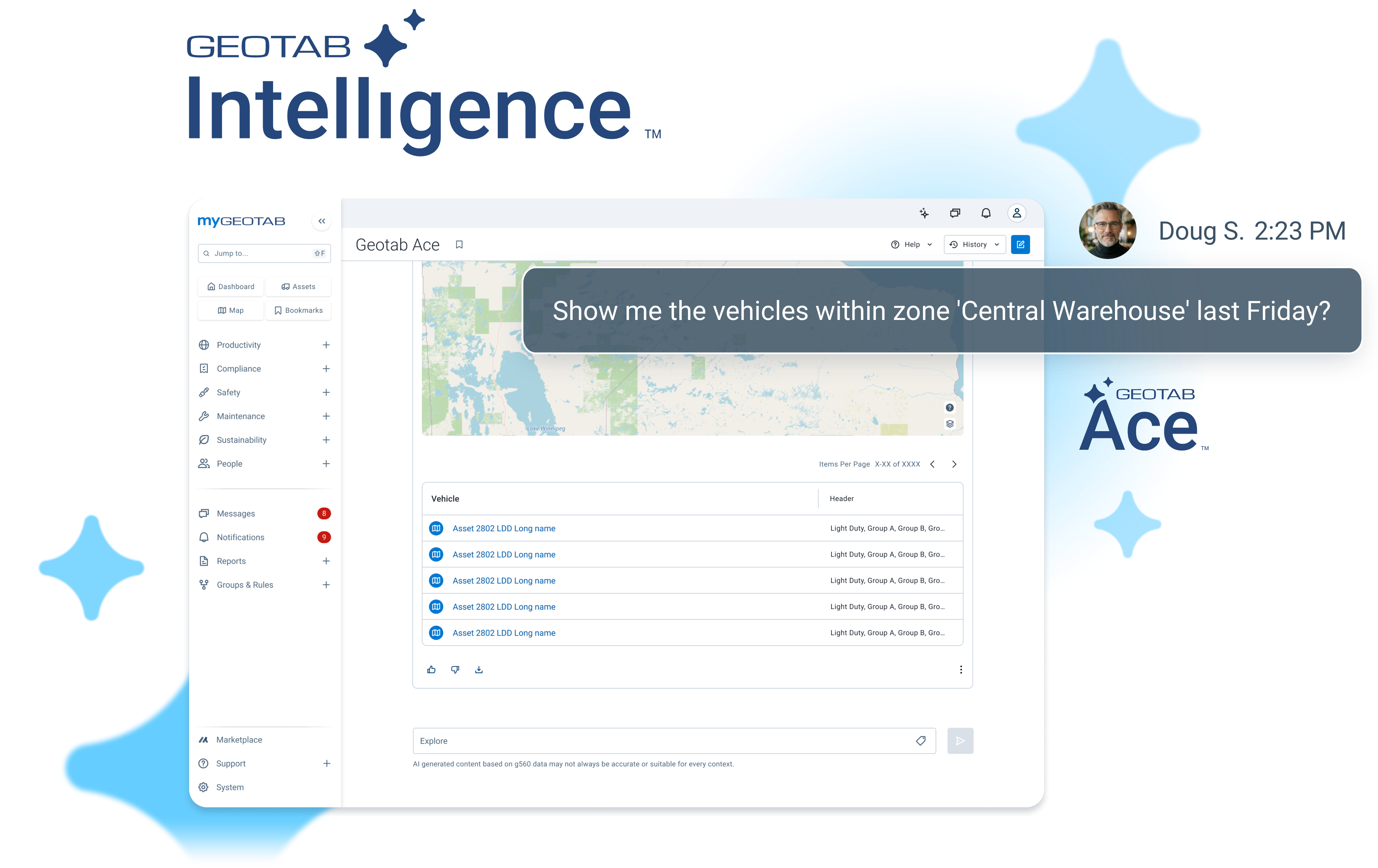 Geotab Intelligence lockup above the MyGeotab interface, where Geotab Ace answers a question about vehicles in the Central Warehouse zone
