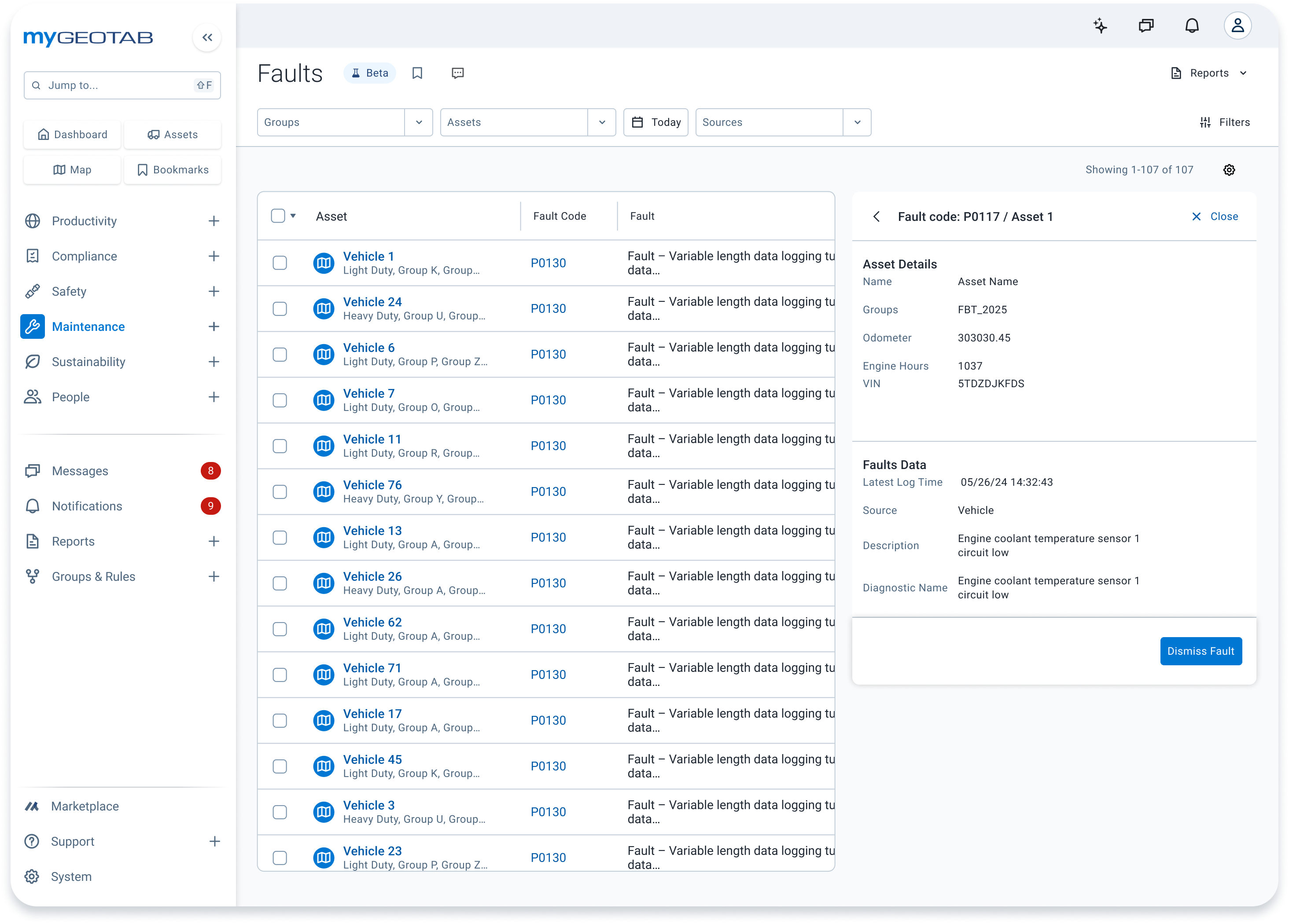 MyGeotab faults view showing a selected vehicle with predicted failures ranked by risk.