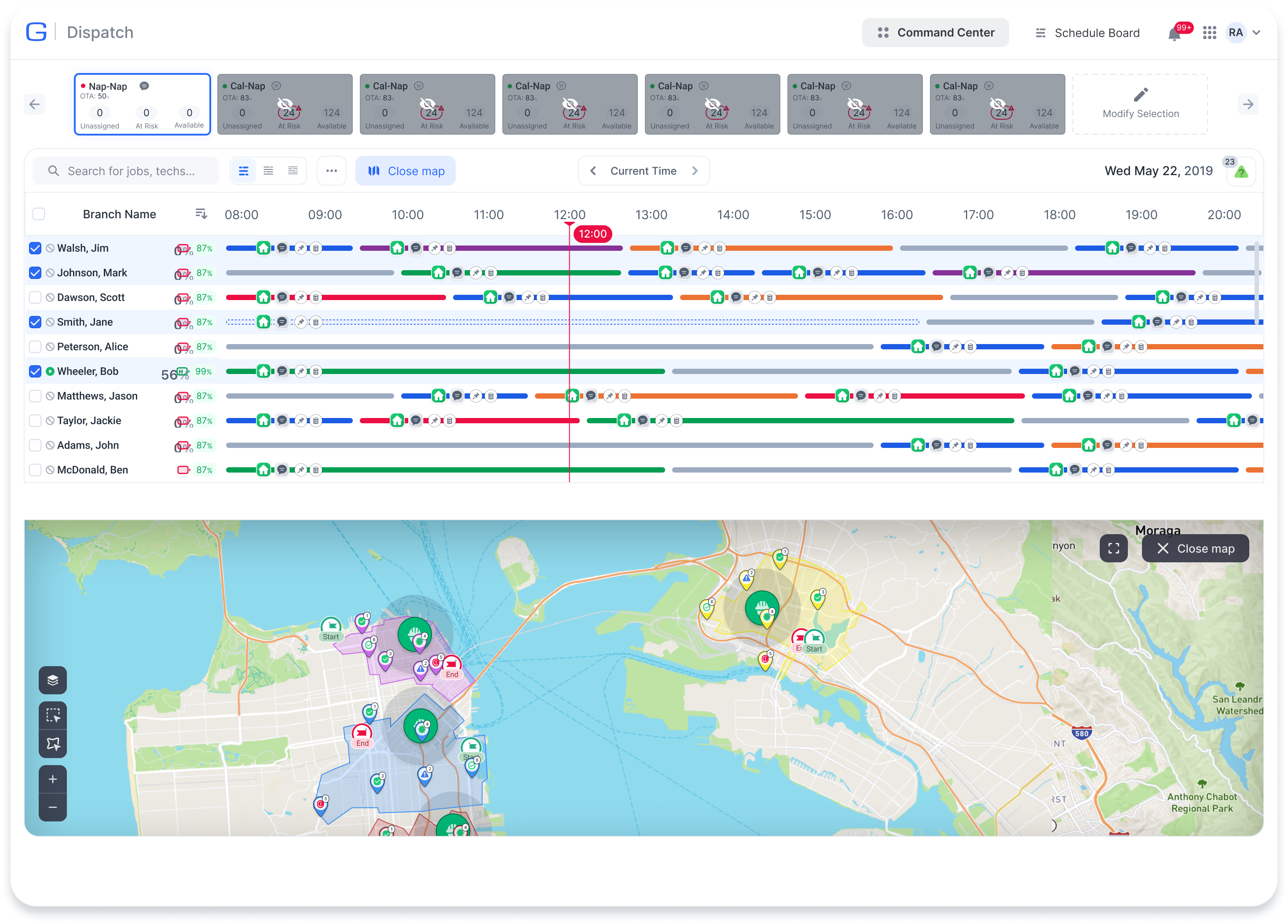 MyGeotab routing map view showing optimized multi-stop routes across a service area.