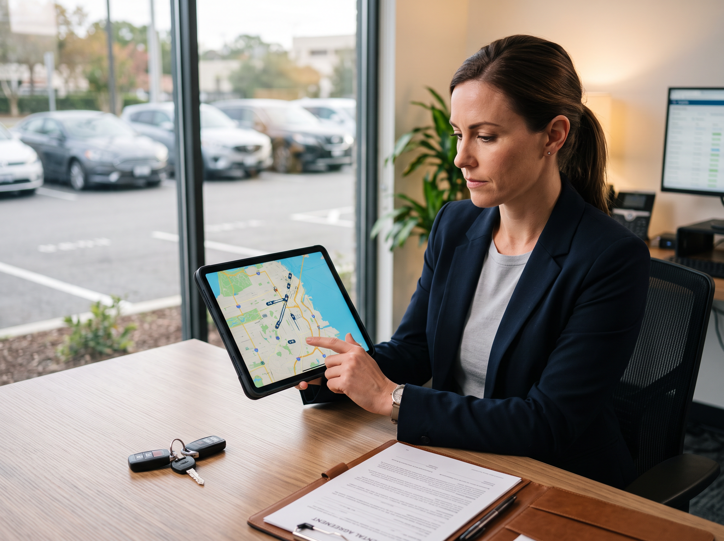 Fleet manager consulta una mappa di tracciamento GPS su tablet con chiavi auto sul tavolo e veicoli visibili dalla finestra