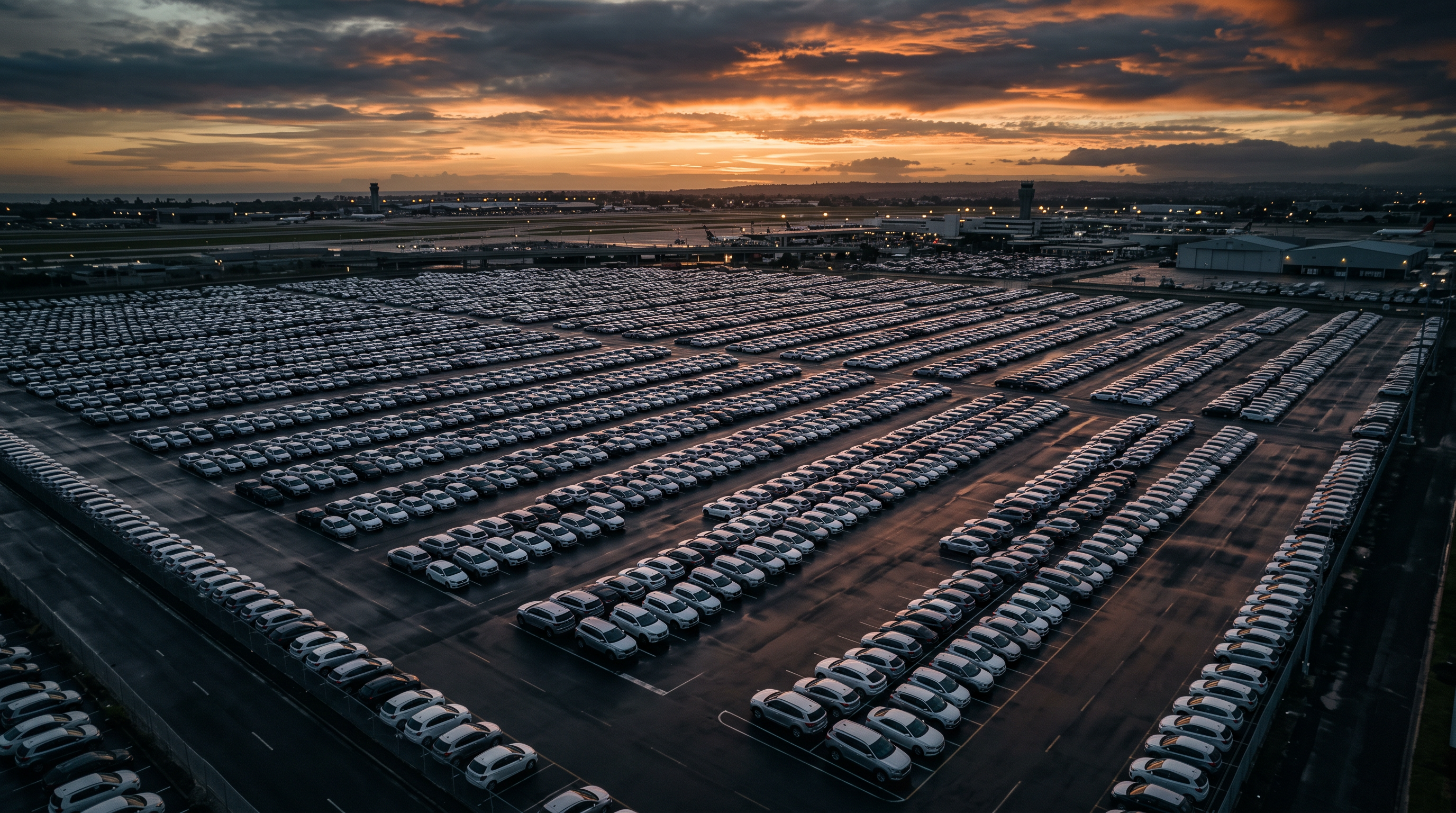 Vista aerea di un vasto parcheggio con centinaia di auto a noleggio in fila al tramonto