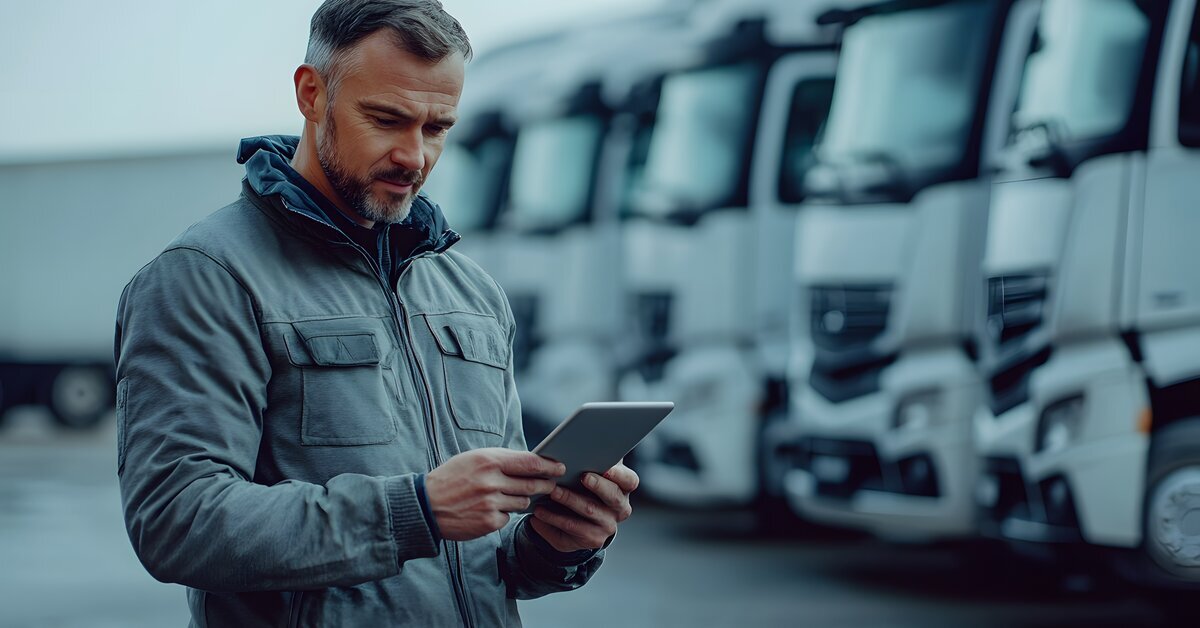person using tablet near a fleet of trucks