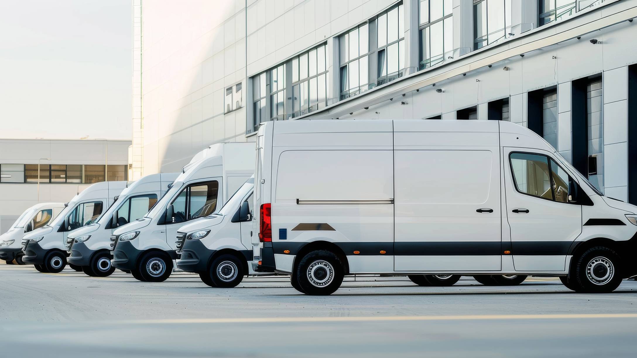 flotta di furgoni bianchi parcheggiati fuori l'azienda