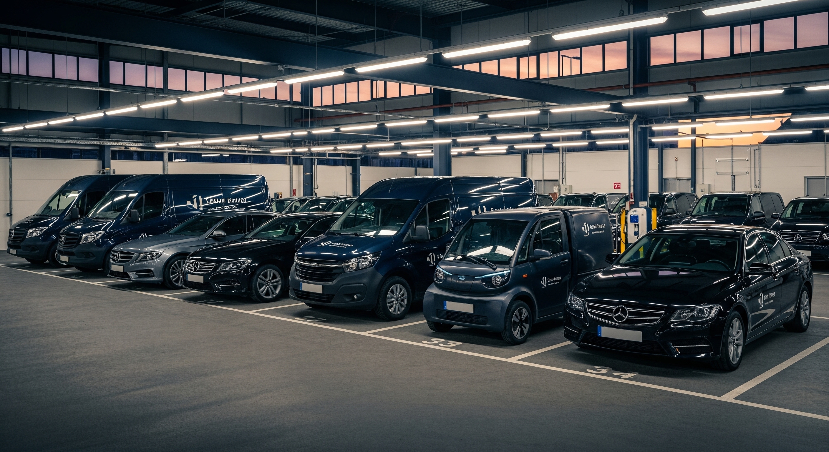 Garage aperto con all'interno due file di autoveicoli scuri parcheggiati al tramonto