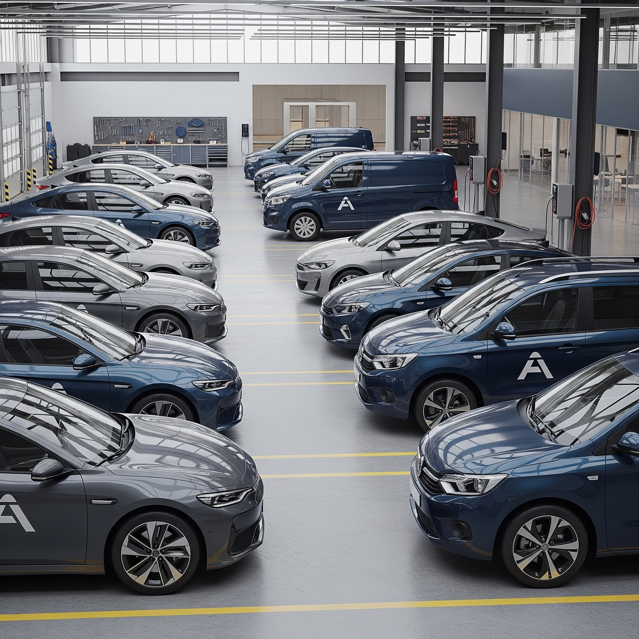 Garage con all'interno due file di autoveicoli scuri parcheggiati