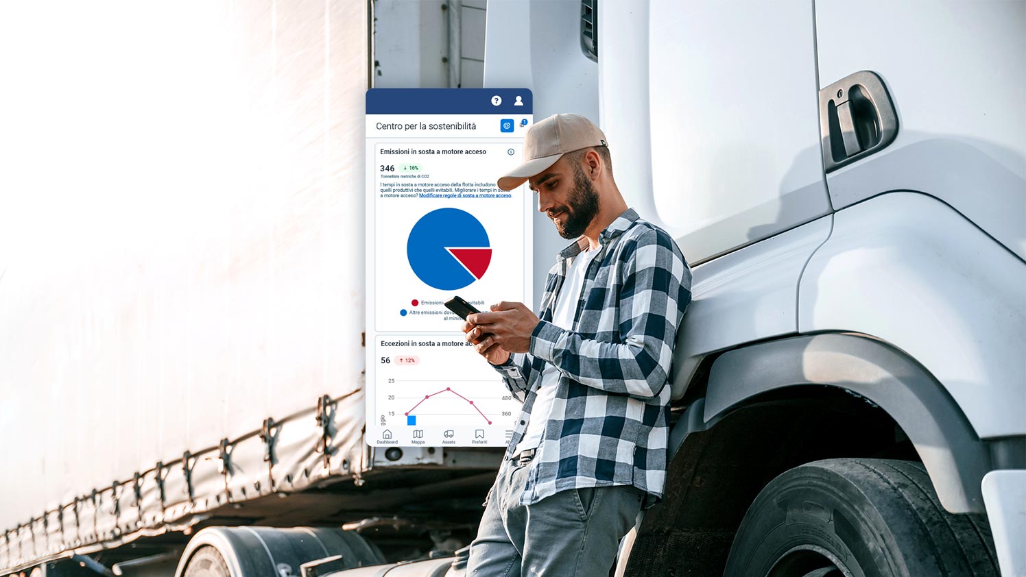 person using mygeotab on cellphone standing next to a truck
