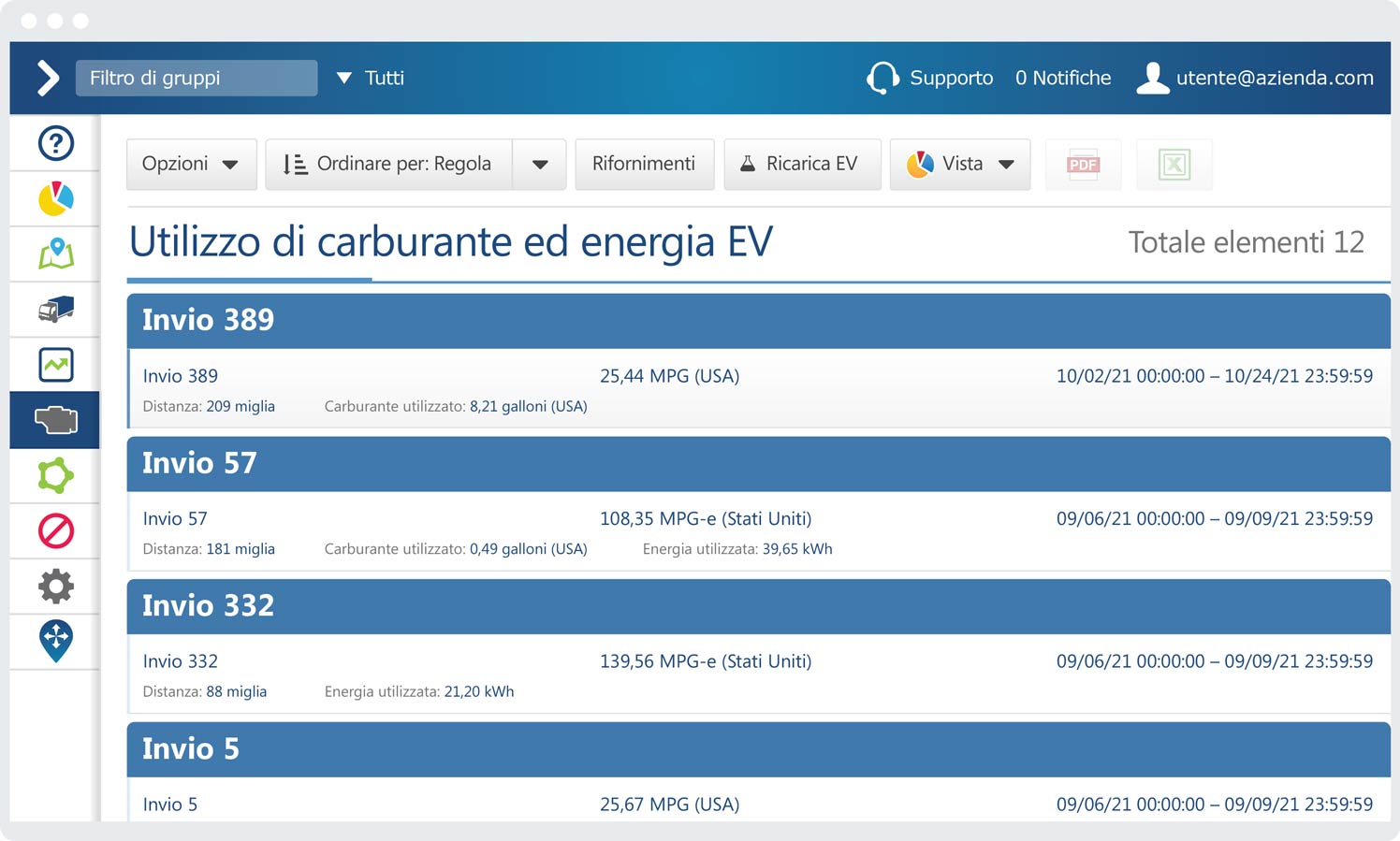 Report sull'uso del carburante e dell'energia EV sull'interfaccia di MyGeotab