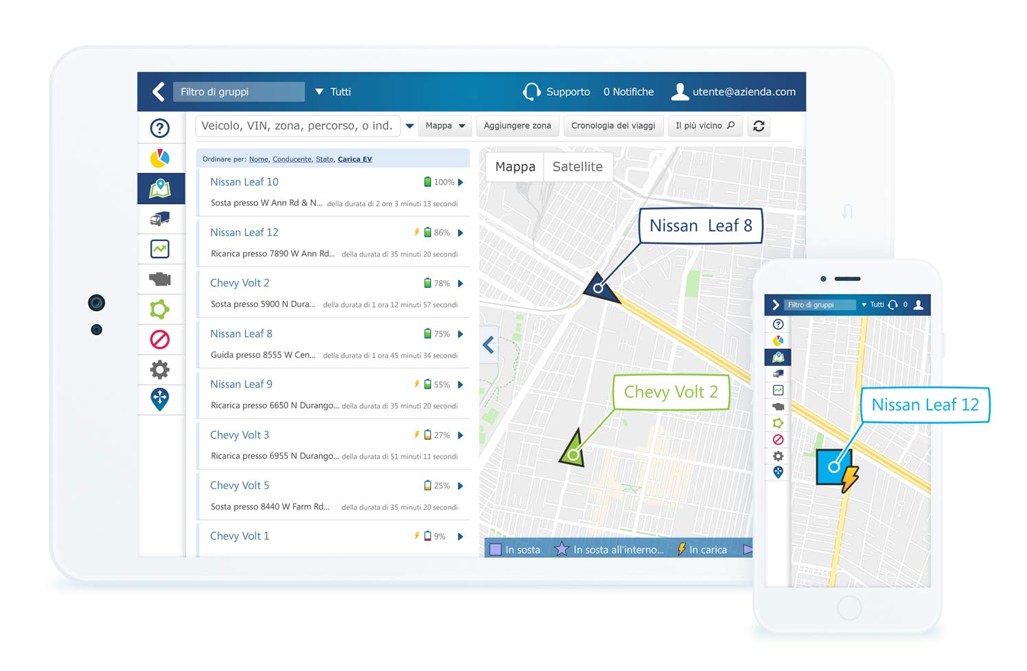 Veicolo elettrico indicato su una mappa nell'interfaccia di MyGeotab su un telefono cellulare e un tablet di colore bianco