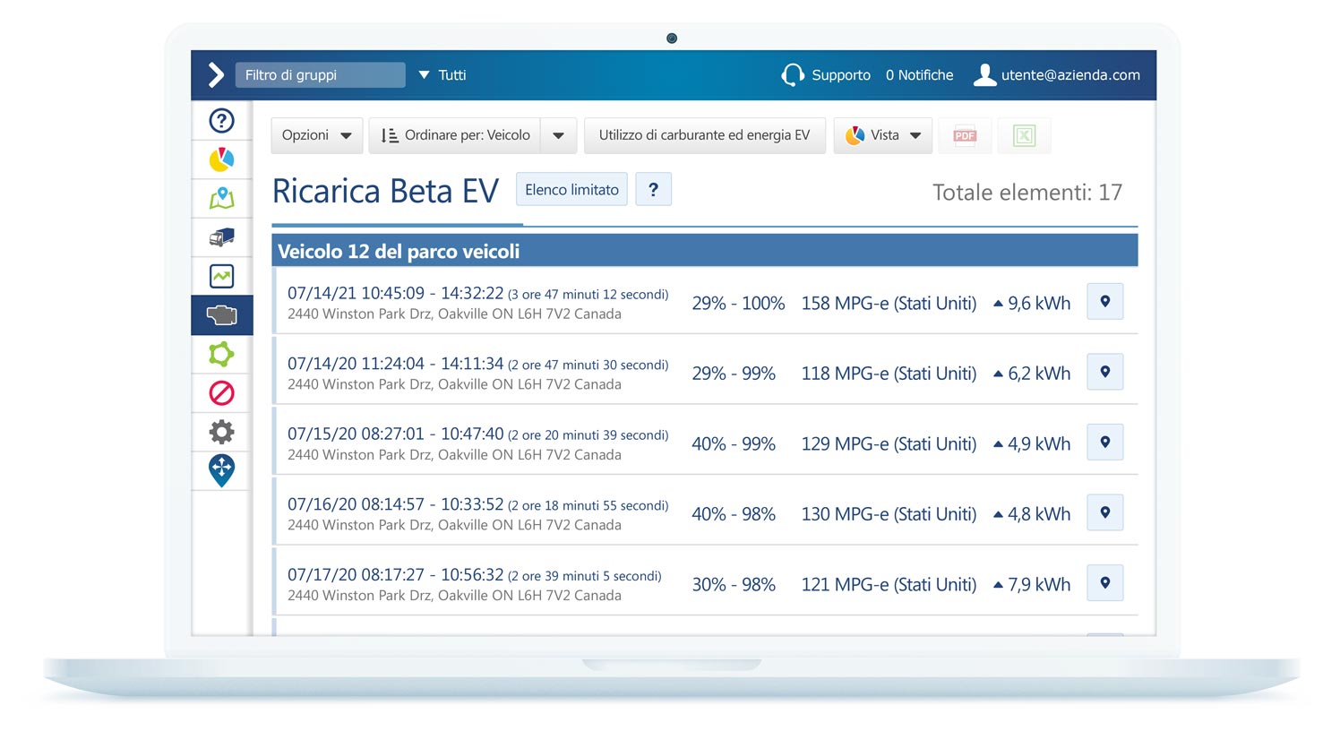 Report di ricarica EV sull'interfaccia di MyGeotab
