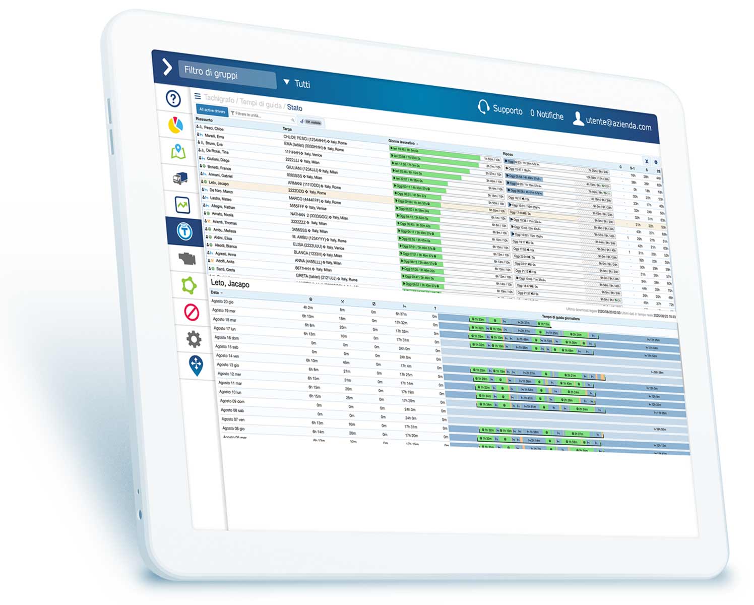 smart tablet showing tachograph data