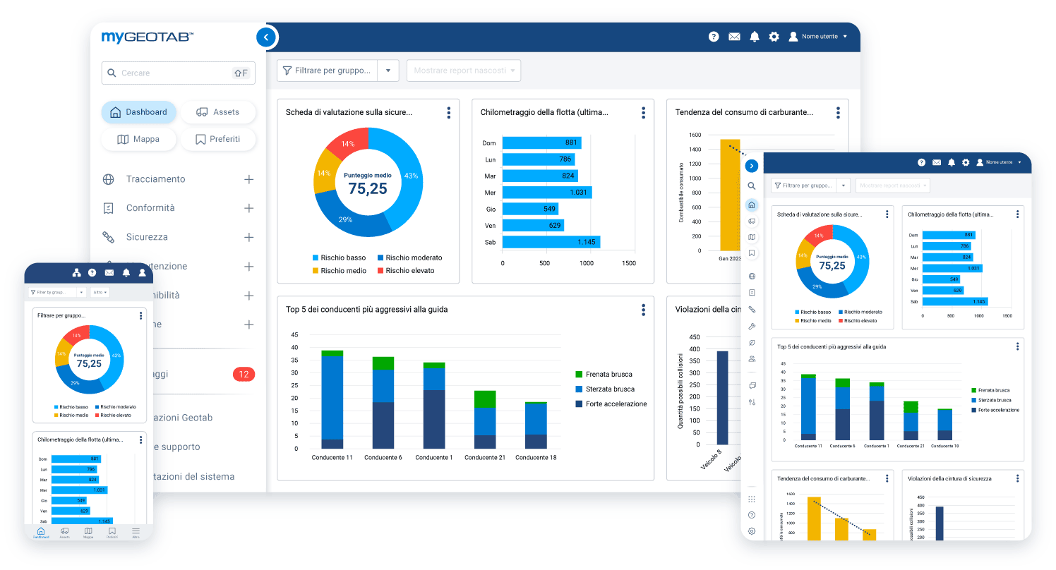 L'interfaccia utente di mygeotab su desktop, tablet e telefono