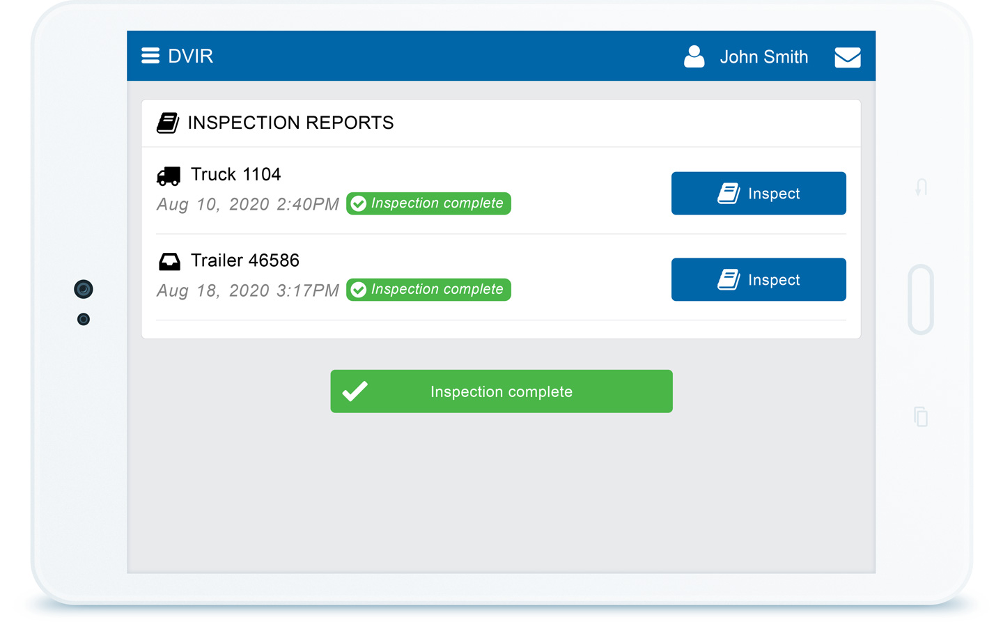 DVIR dashboard driver's vehicle inspection report on tablet