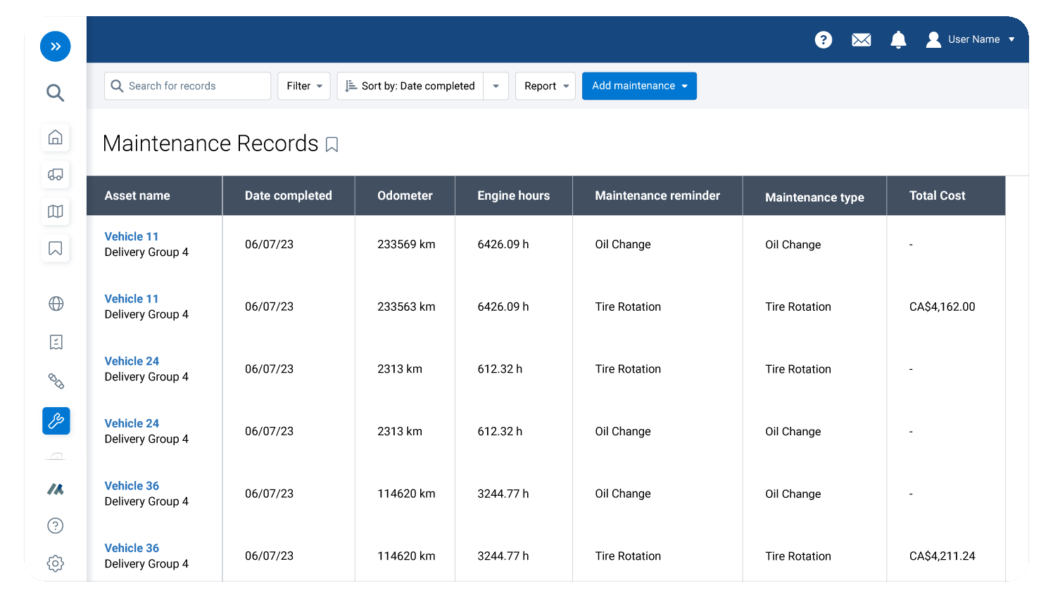 Maintenance records in MyGeotab